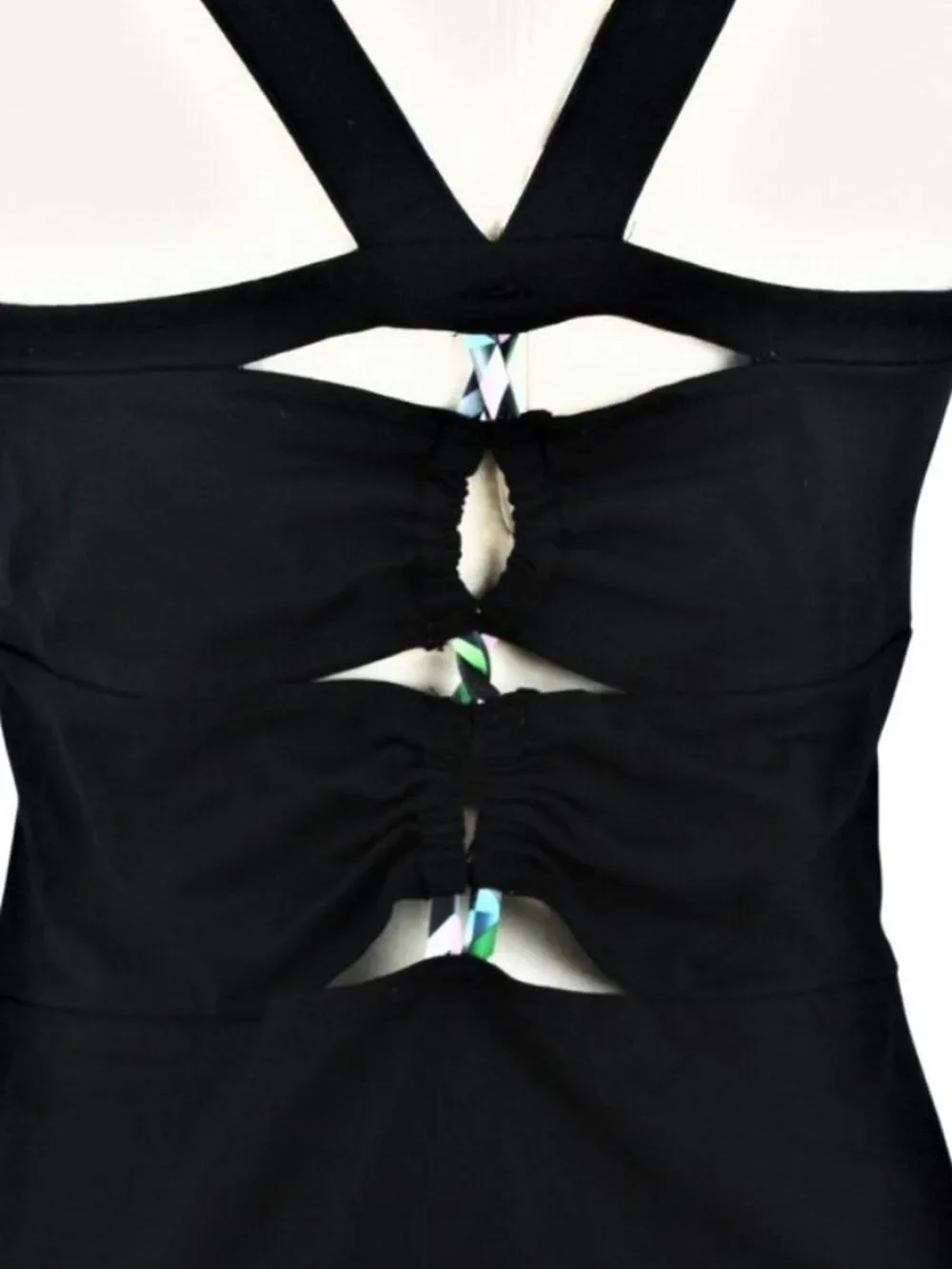 Swim Tankini Top Only Cut-Out Back Slimming Side Panel-Black Multicolor Size M